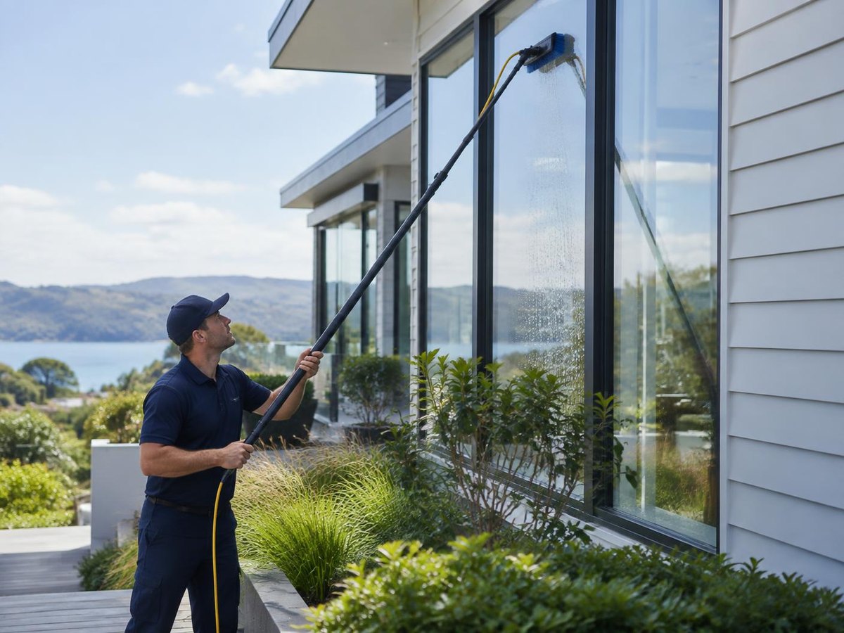 Professional cleaner washing exterior windows on a New Zealand home